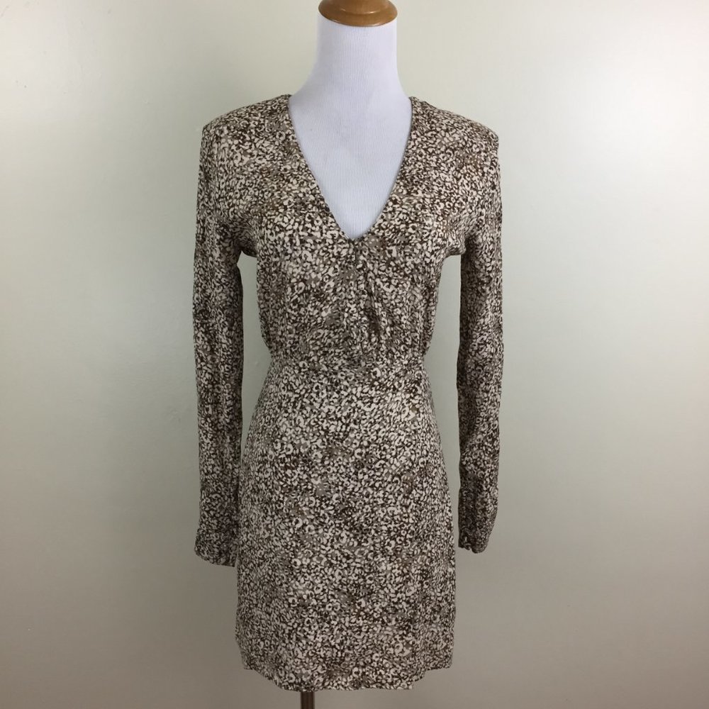 NWT ZARA Beige Brown Ivory Printed Front Overlay Long Sleeve Lined Dress - Picture 4 of 9
